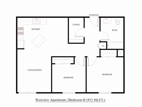 Floor plan for 2 beds, 1 bath, 968 sqft